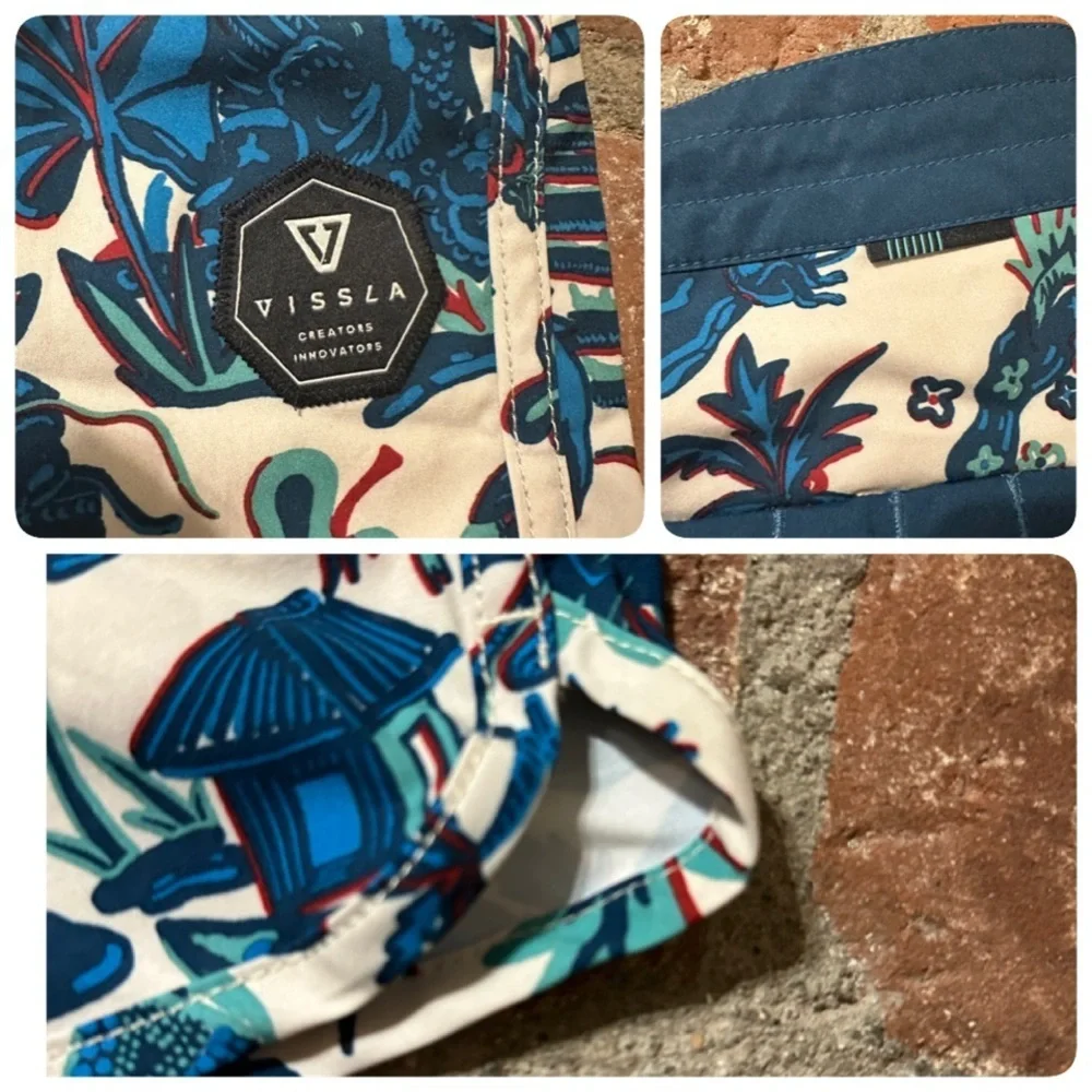 VISSLA Men's Blue and Cream Tropical Hawaiian Unlined Board Swim Shorts size 34